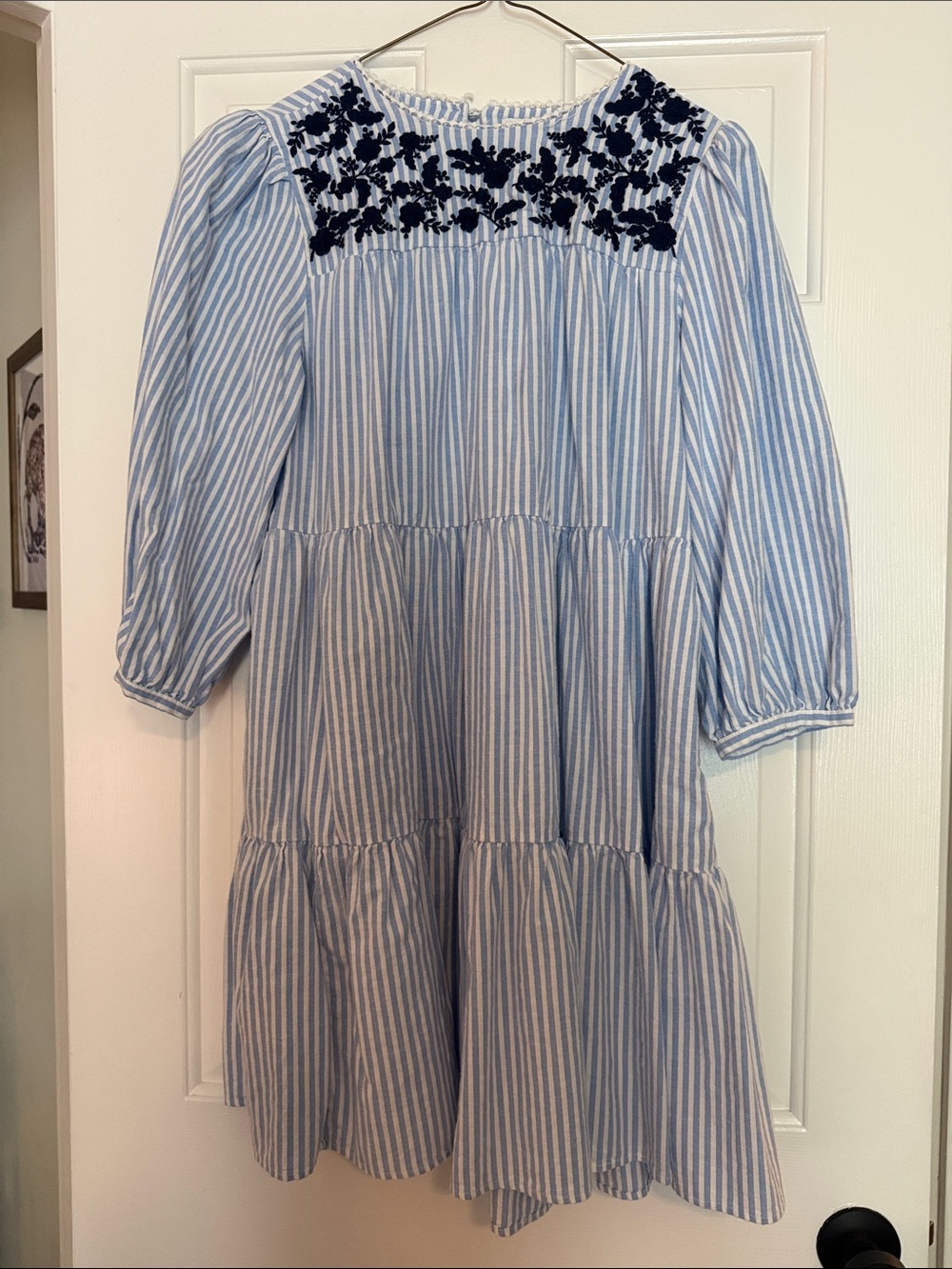 crown & ivy Blue and White Striped Tiered Dress with Navy Embroidered Yoke